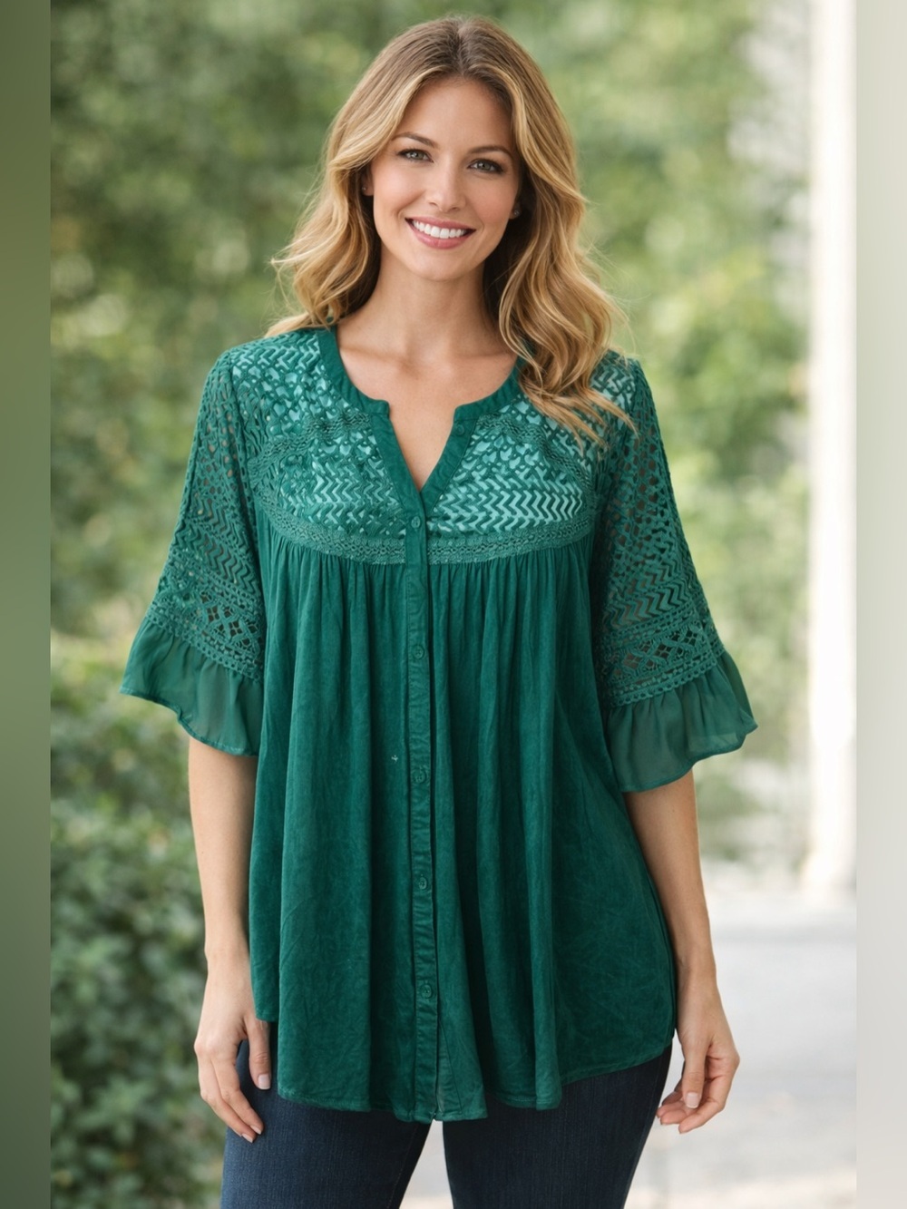 Short Sleeve Velvet Burnout Crochet Emerald Green Top Blouse Sz XL Button Flowy